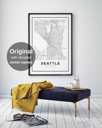 Seattle Map Print, Washington City Maps, City Map Prints, Wall Art, Seattle Washington, US City Maps, Black and White maps, Seattle City Map